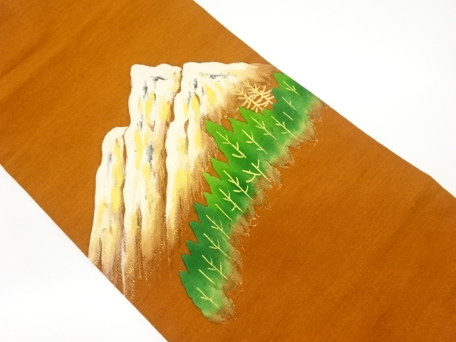 手織り紬金彩手描き山並みに木々模様名古屋帯